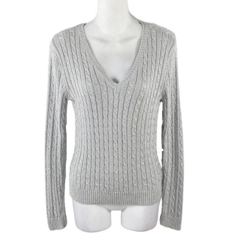 Ralph Lauren silver gray metallic cable knit v-neck silk sweater Medium Petite